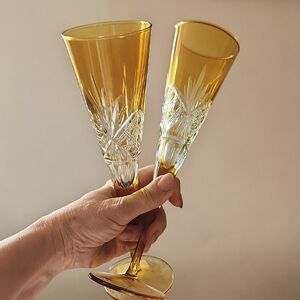 Set of 2 Pottery Barn Antoque Cut Flutes Amber Etched 9.5" H